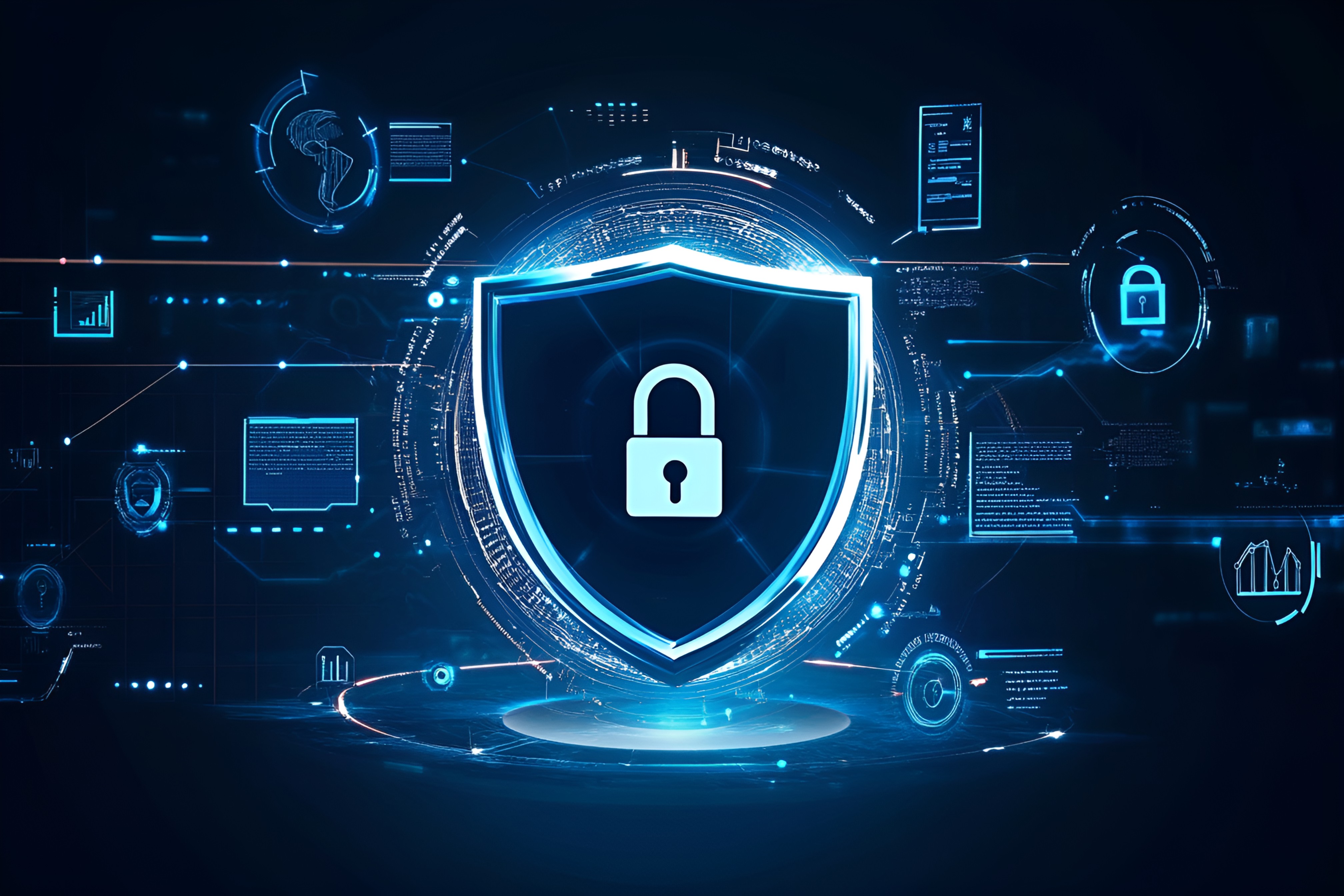 Cyber security3D渲染科技风网络安全数据保护盾牌锁图标插画（商业使用）.png